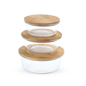 طقم حافظات طعام، 3 قطع، دائرى، زجاج حرارى بغطاء خشب - شفاف