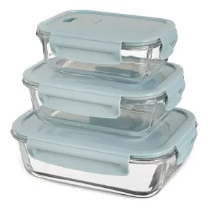 طقم حافظات طعام، 3 قطع، زجاج حرارى بغطاء بلاستيك محكم الغلق - ازرق