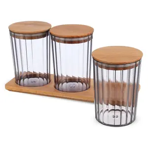 طقم حافظات طعام، 3 قطع اكريليك باغطيه خشبيه (3×800مل) - رمادى من ويلينى