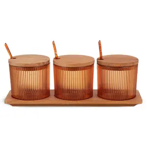 روبى طقم توابل، 3 قطع (3×100مل ) مع حامل خشبى، تصميم دائرى مخطط،اكريليك بغطاء خشب - عسلى