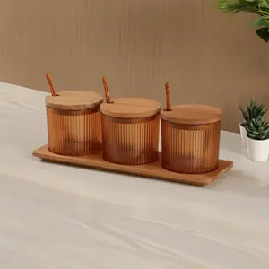 Willini Ruby Spices Set, 3 Pieces (3x100ml) with Wooden Stand, Round Lines Design, Acrylic with Wooden Cover - Honey