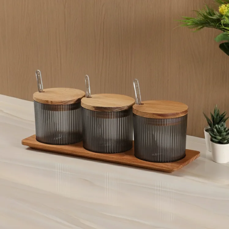 Willini Ruby Spices Set, 3 Pieces (3x100ml) with Wooden Stand, Round Lines Design, Acrylic with Wooden Cover - Grey