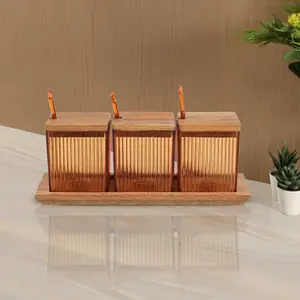 Willini Lago Spices Set, 3 Pieces (3x100ml) with Wooden Stand, Square Lines Design, Acrylic with Wooden Cover - Honey
