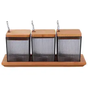 لاجو طقم توابل، 3 قطع (3×100مل ) مع حامل خشبى، تصميم دائرى مخطط،اكريليك بغطاء خشب - رمادى