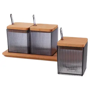 Willini Lago Spices Set, 3 Pieces (3x100ml) with Wooden Stand, Square Lines Design, Acrylic with Wooden Cover - Grey