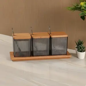 طقم توابل اكريليك بغطاء خشب لاجو 3 قطع، (3×100مل) مع حامل خشبي، تصميم دائري مخطط - رمادي