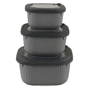 طقم حافظات طعام، 3 قطع مع اغطيه، مربع، بلاستيك مع سليكون - رمادى مطفى