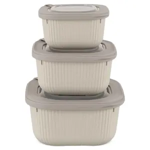 طقم حافظات طعام، 3 قطع مع اغطيه، مربع، بلاستيك مع سليكون - رمادى فاتح مطفى