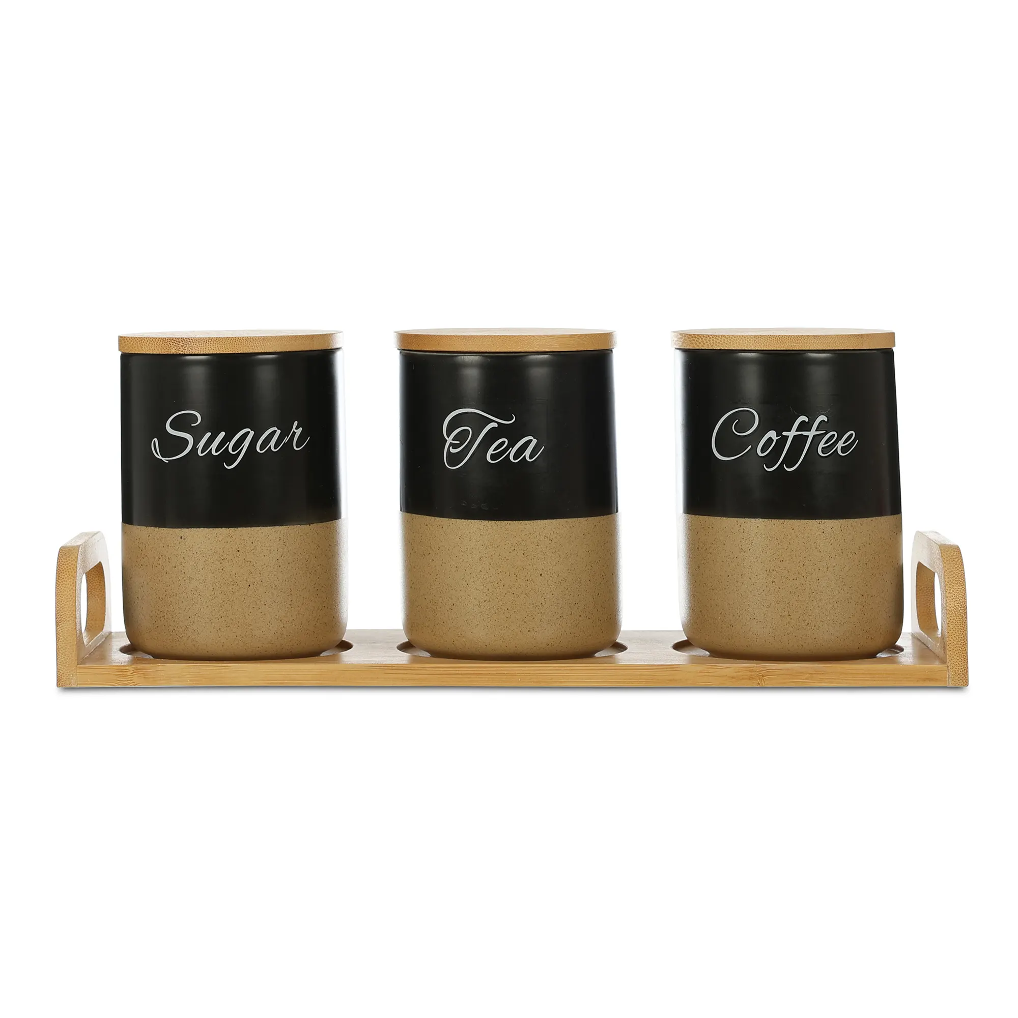 Storage Set, 3 Pieces with Wooden Stand, Round , Porcelain, Dotted Beige with Black