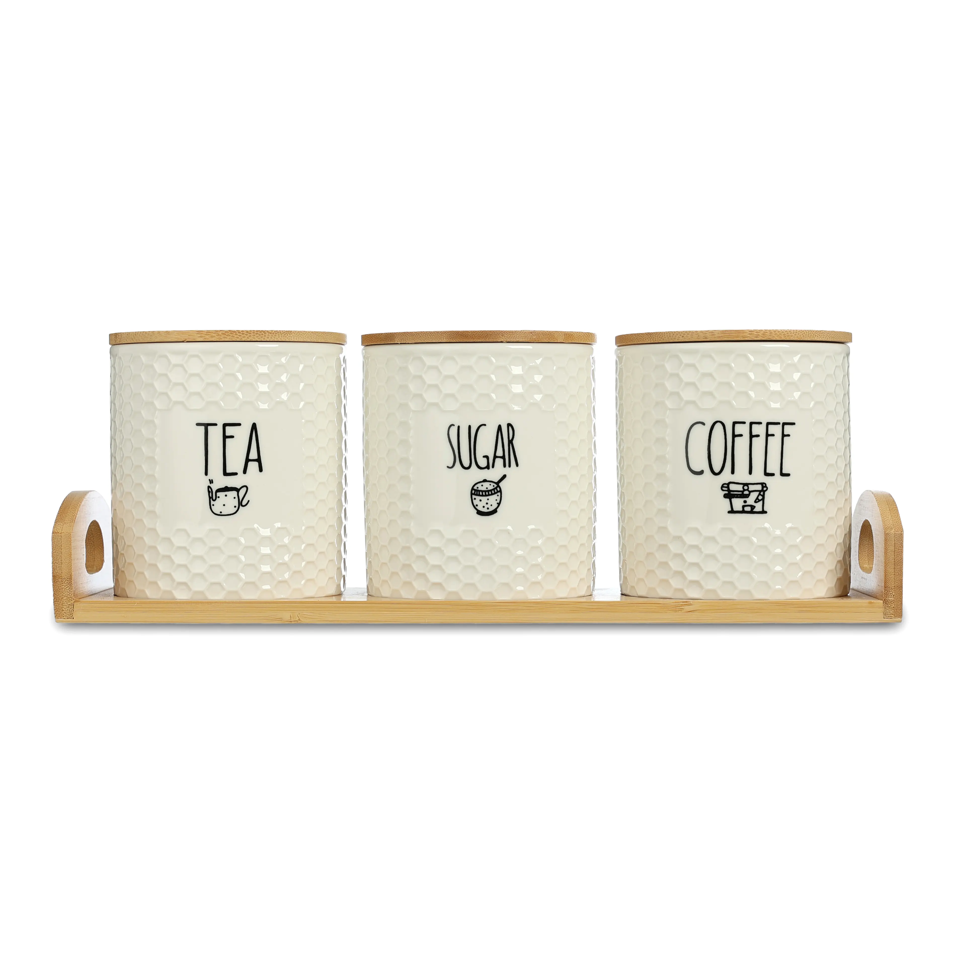 طقم تخزين بورسلين 3 قطع مع حامل خشب، دائري بتصميم خلية النحل - ابيض