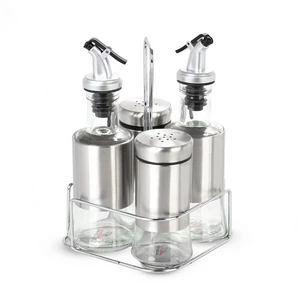 طقم زجاجة زيت وخل وتوابل، 4 قطع مع حامل، ستانلس ستيل مع زجاج - فضى