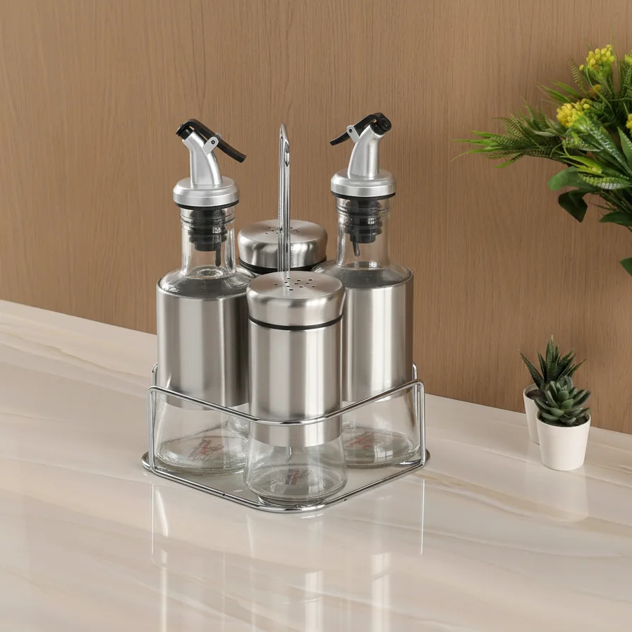 Salad Cruet Set, 4 Pieces with Stand, Stainless Steel with Glass, Silver