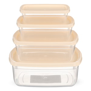 طقم حافظات طعام، 4 قطع مع اغطيه، مستطيل، بلاستيك - شفاف بغطاء بيج