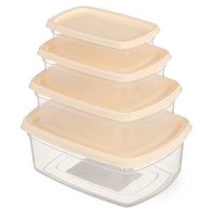 طقم حافظات طعام، 4 قطع مع اغطيه، مستطيل، بلاستيك - شفاف بغطاء بيج