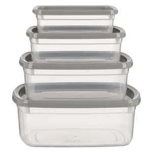 طقم حافظات طعام 4 قطع مع اغطية، مستطيل، بلاستيك - شفاف بغطاء رمادي