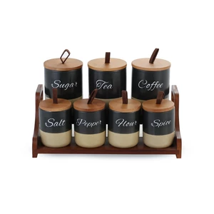 طقم توابل، 7 قطع بورسلين مع حامل خشب - لون اسود