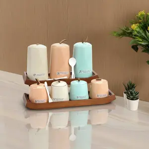 Spices Set, 7 Pieces with 2 Stands , Porcelain,  Blue - Peach