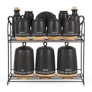 طقم توابل، 12 قطعه مع حامل، بورسلين عالى الجوده بقاعده خشبيه - اسود