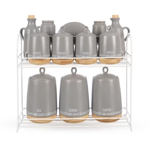 طقم توابل، 12 قطعه مع حامل، بورسلين عالى الجوده بقاعده خشبيه - رمادى