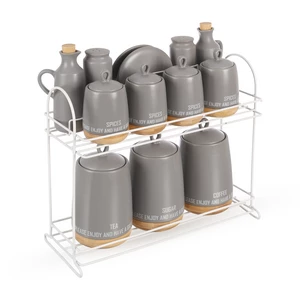 طقم توابل بورسلين عالي الجودة بقاعدة معدنية، 12 قطعة مع حامل - رمادي