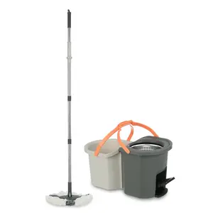 طقم 2 جردل تنظيف بلاستيك مع الموب، ستانلس ستيل - بيج رمادي