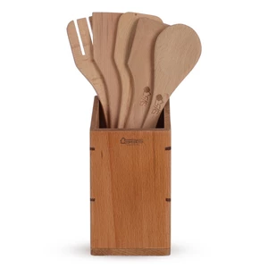 طقم أدوات المطبخ، 5 قطع  مع حامل، خشب طبيعى - خشبى فاتح