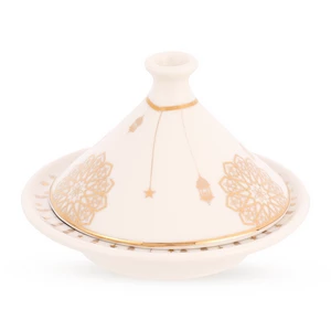 طبق للتمر بورسلين بالغطاء ديكوريشن، شكل دائري - ابيض ذهبي