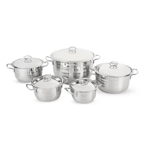 طقم حلل، 10 قطع بغطاء، بتصميم أسطواني، مقاسات (16-18-20-24-28)، ستانلس ستيل من عبود