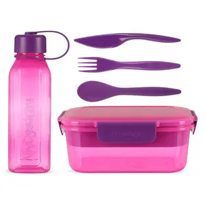 طقم لانش بوكس 5 قطع ام ديزاين، (لانش بوكس 1.6 لتر +زجاجه مياه 650 مل + 3 قطع أدوات طعام)، بلاستيك - بينك