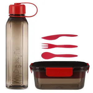 طقم لانش بوكس، 5 قطع (لانش بوكس 2.1 لتر +زجاجه مياه 800مل + 3 قطع أدوات طعام)، بلاستيك - اسود من ام ديزاين