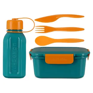 طقم لانش بوكس، 5 قطع (لانش بوكس 1.1 لتر +زجاجه مياه 500مل + 3 قطع أدوات طعام)، بلاستيك - ازرق مع برتقالى من ام ديزاين