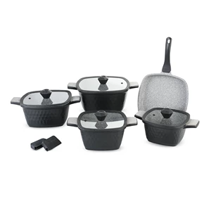 طقم حلل مربع، 11 قطعة، جرانيت حيوى - أسود حجرى من كوكين