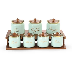 طقم توابل، 7 قطع مع حامل خشب، بورسلين عالى الجوده - اخضر