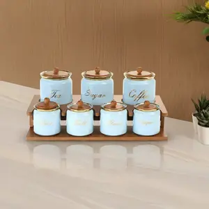 Spices Set, 7 Pieces with wooden Stand, fine Porcelain, Blue