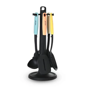 طقم أدوات الطبخ، 6 قطع مع حامل - مقابض ملونه من نيوفلام