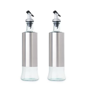 طقم زيت وخل، قطعتين، زجاج باطار استانلس ستيل - لون فضى