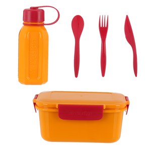 طقم لانش بوكس 5 قطع ام ديزاين، (لانش بوكس 1.1 لتر +زجاجه مياه 500مل + 3 قطع أدوات طعام)، بلاستيك - برتقالي فوشيا