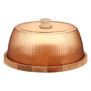 استاند تقديم الكيك بقاعده مع غطاء، مقاس 29سم، خشب طبيعى بغطاء اكريليك بخطوط - عسلي من ويلينى