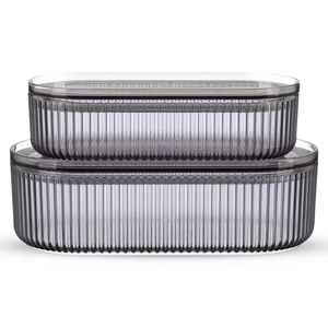 بيرلى طقم حافظات ولانش بوكس، قطعتين سعة (1000+2000مل )، تصميم بيضاوى مخطط، اكريليك - رمادى من ويلينى