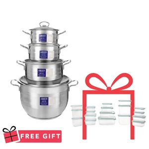 Aboud Cookware Set, 8 Pieces, Stainless Steel Cylnderical Shap Pot, with Stainless Steel Flat Lid with a Triangular Handle, Sizes (16,18, 20, 24, 28) - Silver