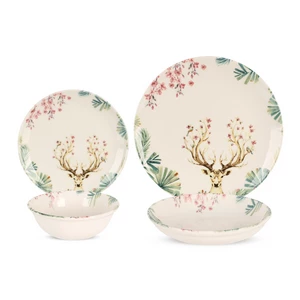 طقم عشاء، 24 قطعه، ل 6 افراد، بورسلين، صناعه تركيه، بتصميم غزال - كريمي في اخضر