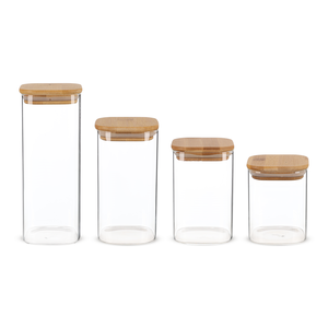 طقم تخزين الطعام، 4 قطع بمقاسات مختلفه، زجاج نقى بغطاء خشب طبيعى - شفاف