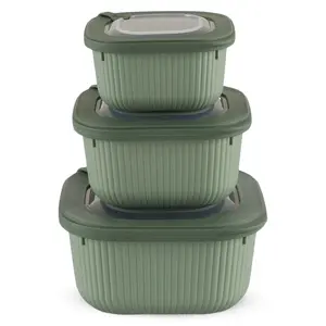 طقم حافظات طعام، 3 قطع مع اغطيه، مربع، بلاستيك مع سليكون - اخضر مطفى