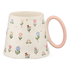 مج فلورى، سعة 300 مل ، تصميم مميز بيد بيضاويه الشكل، بورسلين - متعدد الألوان بيد فوشيا