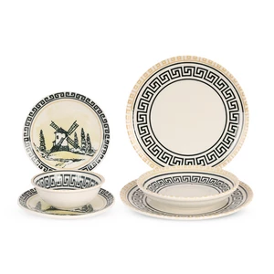 طقم عشاء، 24 قطعه، ل 6 افراد، بورسلين، صناعه تركيه، بنمط هندسي متشابك، لون كريمي بنقش أسود