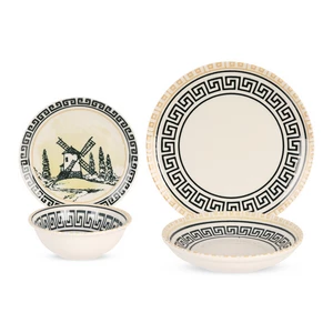 طقم عشاء، 24 قطعه، ل 6 افراد، بورسلين، صناعه تركيه، بنمط هندسي متشابك، لون كريمي بنقش أسود