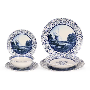 طقم عشاء، 24 قطعه، ل 6 افراد، بورسلين، صناعه تركيه، تصميم طاحونة هواء في المزرعه - أزرق كلاسيكي